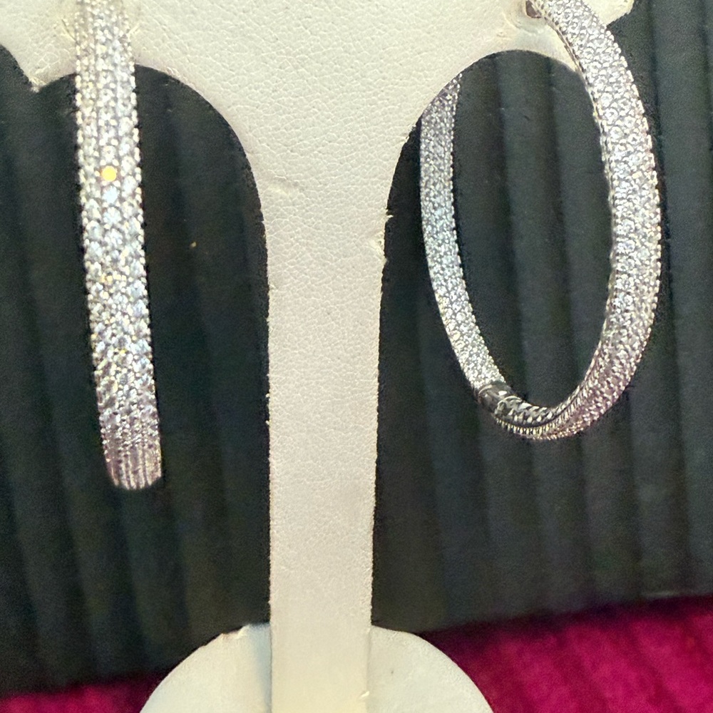 Elegant Silver tone pave 2 inch Hoop Earrings